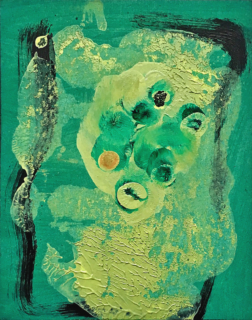 Zelený klaun, 2008, 14 x 14 cm, olej na papíře / k prodeji / č. 167