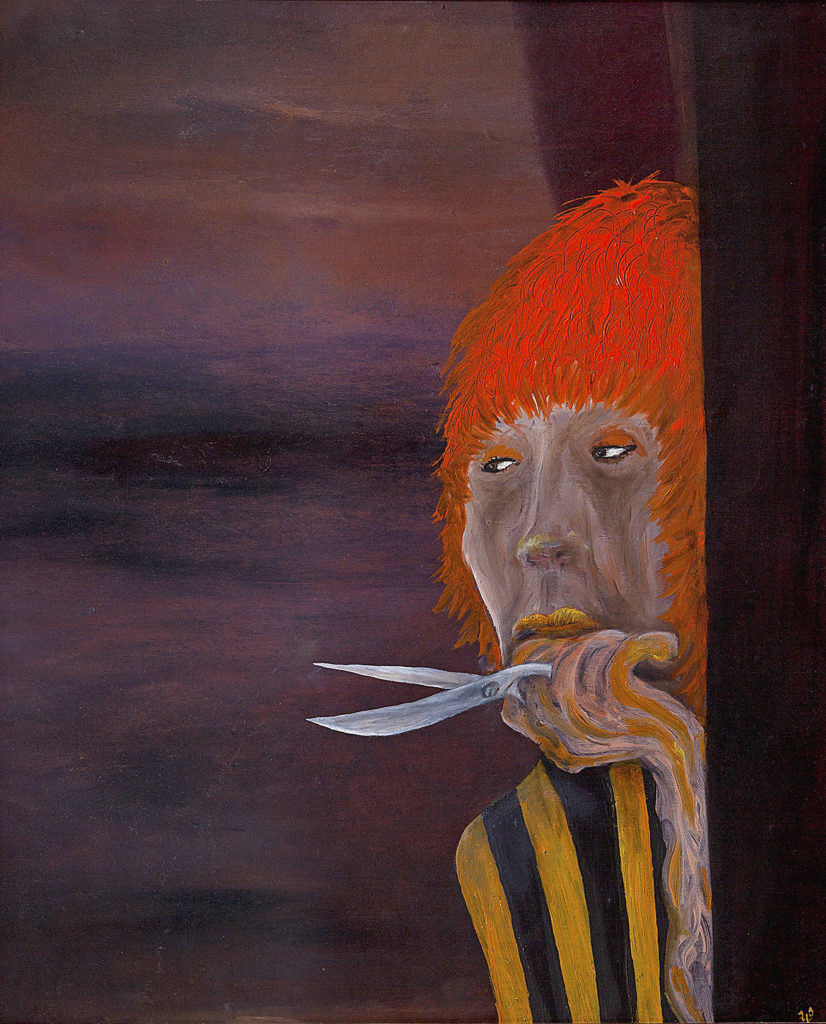 Dáma s nůžkami (bez hranostaje), 2009, 65 x 55 cm, olej na kartonu / k prodeji / č. 90