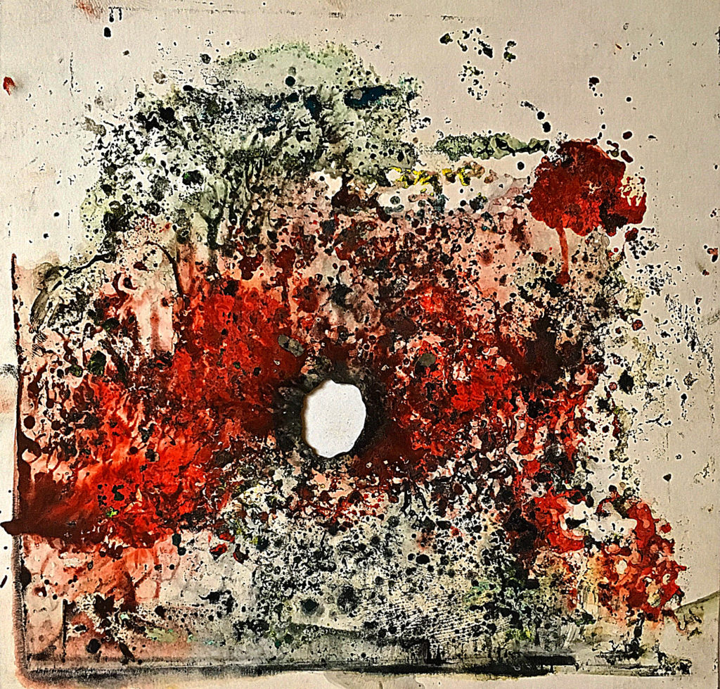 "Zásah", 2009, 18 x 18 cm, olej na papíře / k prodeji / č. 270